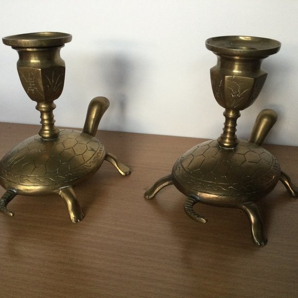 Vintage pair Chinese solid brass Candlestick holders Turtle base removeable top - Picture 1 of 8